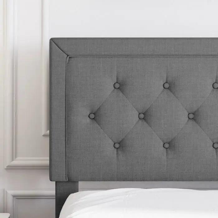 King Size Dark Grey Linen Upholstered Platform Bed with Button-Tufted Headboard by HomePacific