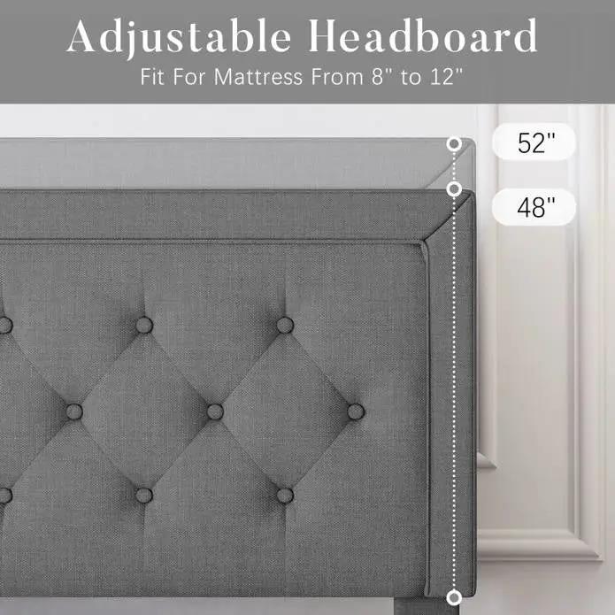 King Size Dark Grey Linen Upholstered Platform Bed with Button-Tufted Headboard by HomePacific
