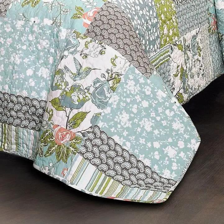 King Size Boho Floral Blue Cotton Lightweight Quilt Set by HomePacific