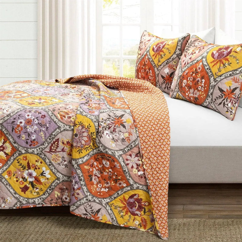 King size Boho Floral Lightweight Cotton Orange Mauve Yellow 3-Piece Quilt Set by HomePacific