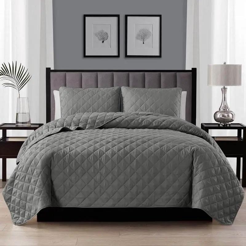 King/CAL King 3-Piece Dark Grey Polyester Microfiber Diamond Quilted Quilt Set by HomePacific