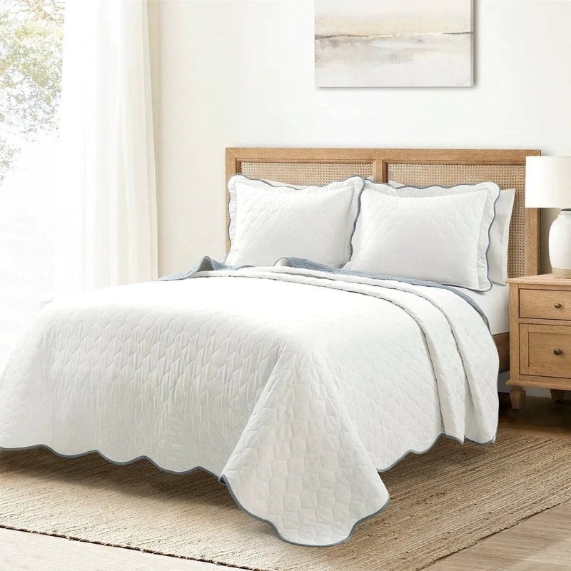 King/Cal King White Blue Scalloped Edge Reversible Thin Light Quilt Set by HomePacific
