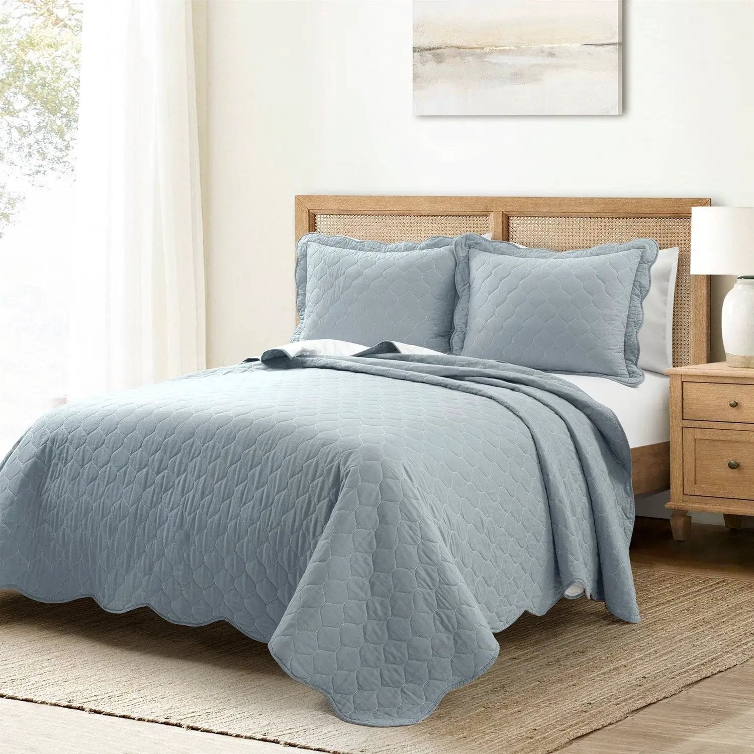 King/Cal King White Blue Scalloped Edge Reversible Thin Light Quilt Set by HomePacific