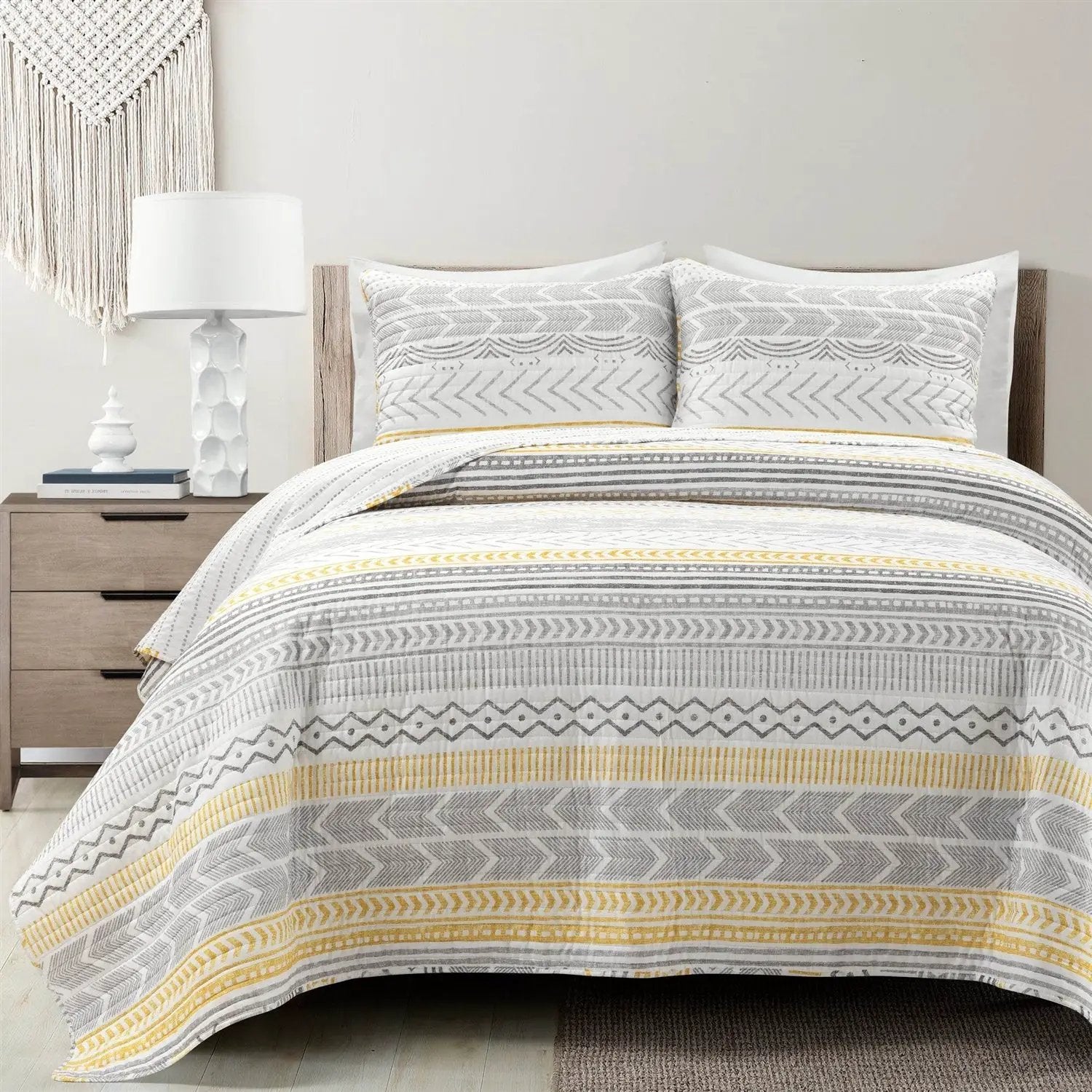 King Scandinavian Grey/Yellow/White Chevron Stripe Reversible Cotton Quilt Set by HomePacific