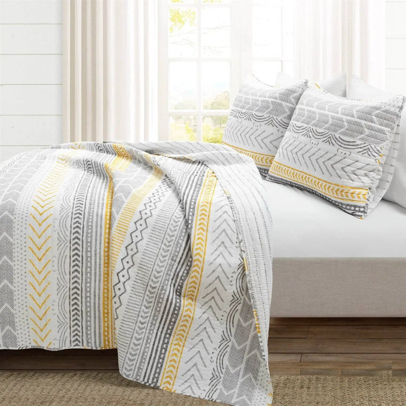 King Scandinavian Grey/Yellow/White Chevron Stripe Reversible Cotton Quilt Set by HomePacific
