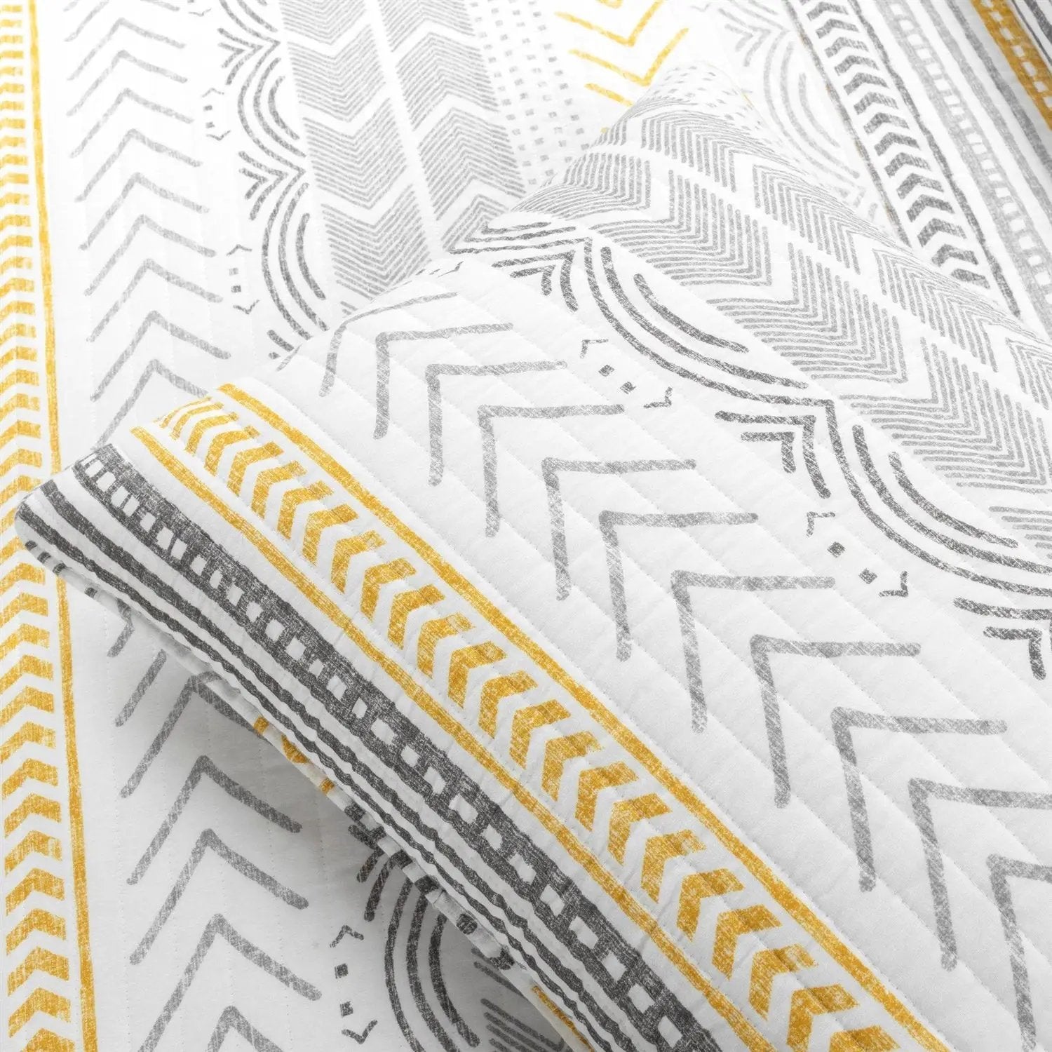 King Scandinavian Grey/Yellow/White Chevron Stripe Reversible Cotton Quilt Set by HomePacific