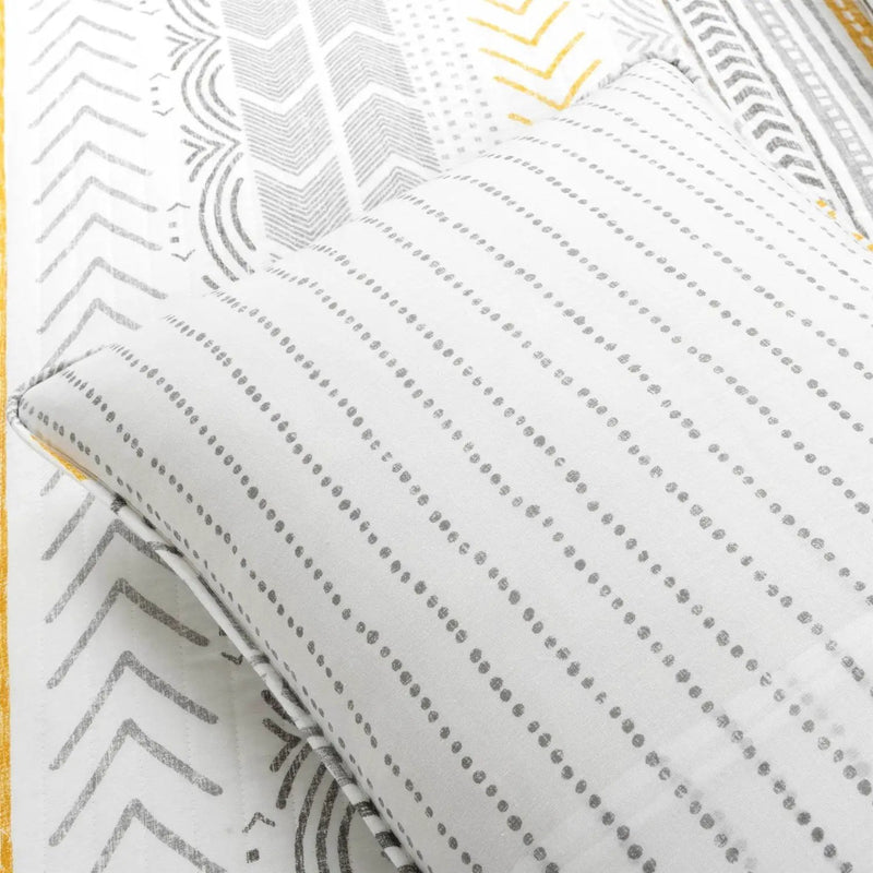 King Scandinavian Grey/Yellow/White Chevron Stripe Reversible Cotton Quilt Set by HomePacific