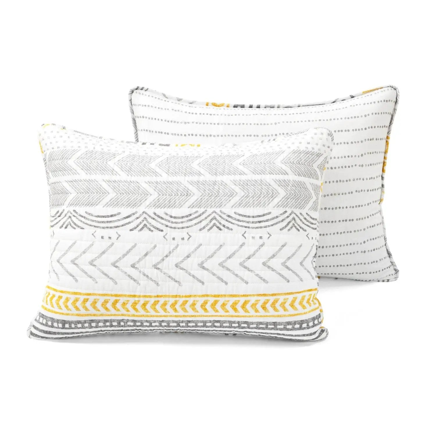 King Scandinavian Grey/Yellow/White Chevron Stripe Reversible Cotton Quilt Set by HomePacific