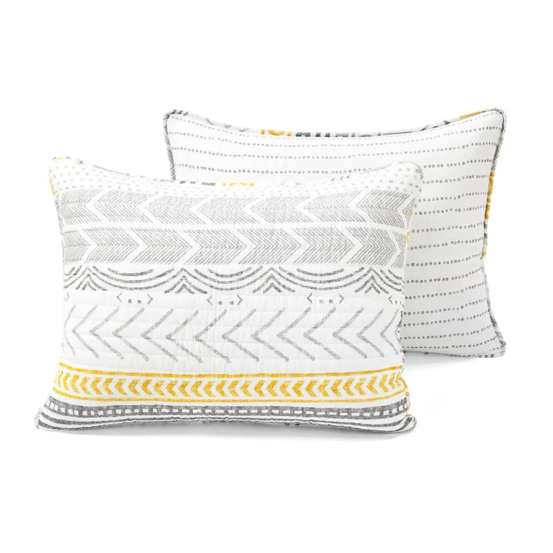 King Scandinavian Grey/Yellow/White Chevron Stripe Reversible Cotton Quilt Set by HomePacific
