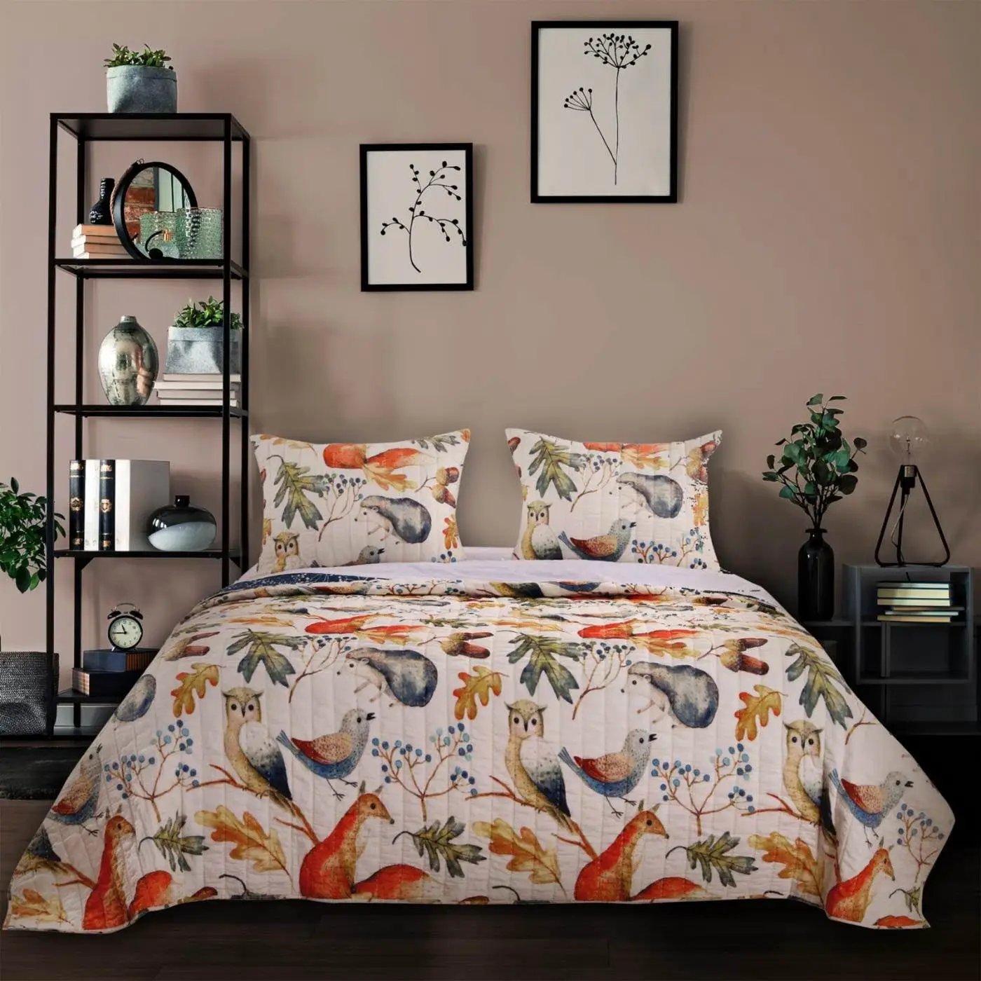 King 3 Piece Blue Beige Birds Animals Floral Microfiber Reversible Quilt Set by HomePacific