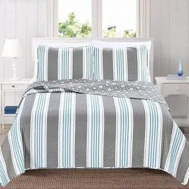 King 3 Piece Coastal Starfish Sand Dollar Grey Blue White Nautical Quilt Set by HomePacific