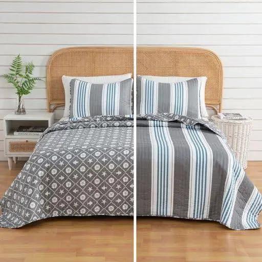King 3 Piece Coastal Starfish Sand Dollar Grey Blue White Nautical Quilt Set by HomePacific