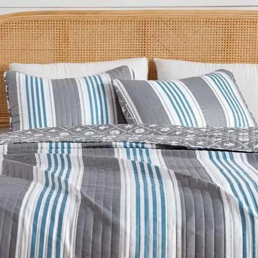 King 3 Piece Coastal Starfish Sand Dollar Grey Blue White Nautical Quilt Set by HomePacific