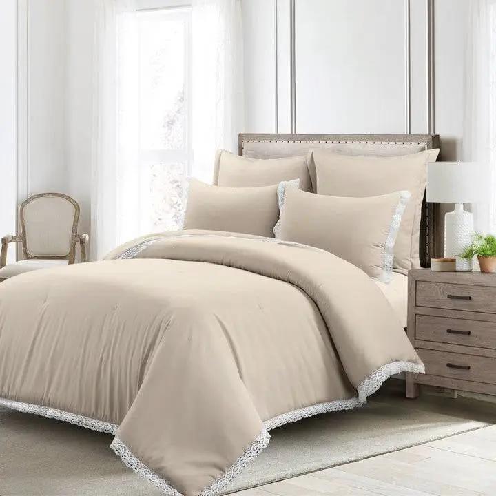 King French Country Beige Tan 5-Piece Lightweight Comforter Set with Lace Trim by HomePacific