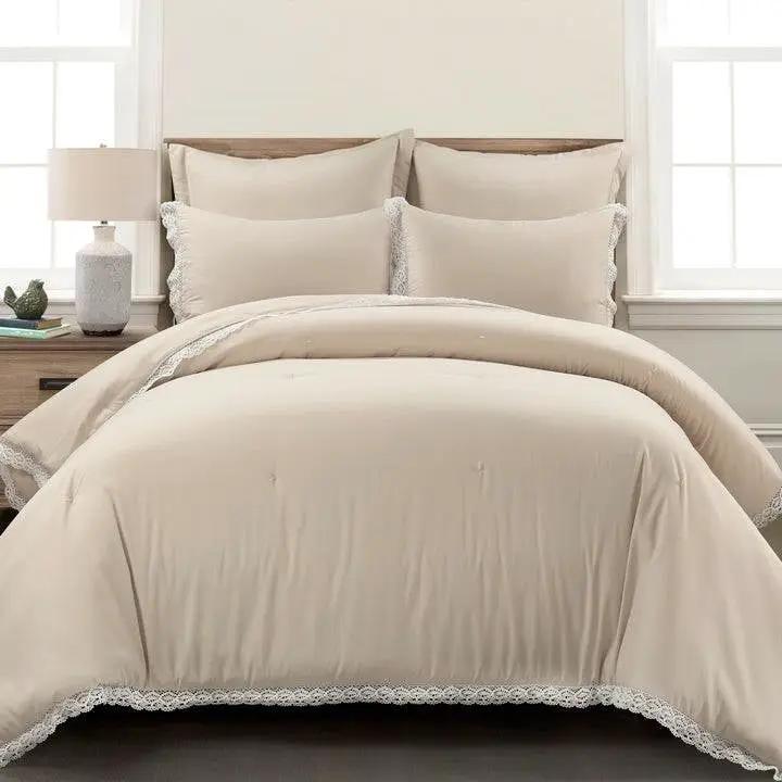 King French Country Beige Tan 5-Piece Lightweight Comforter Set with Lace Trim by HomePacific