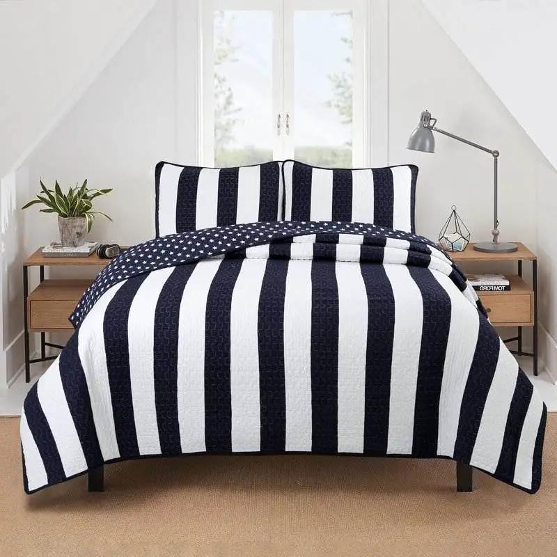 King 3 Piece Reversible Navy White Stars Stripes 100-Percent Cotton Quilt Set by HomePacific