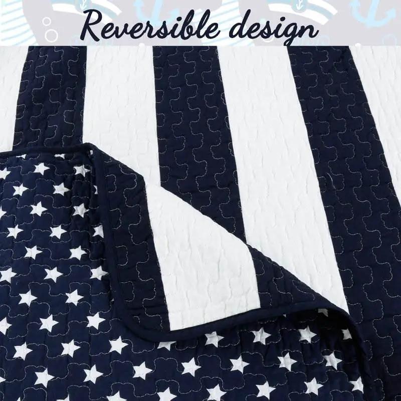King 3 Piece Reversible Navy White Stars Stripes 100-Percent Cotton Quilt Set by HomePacific
