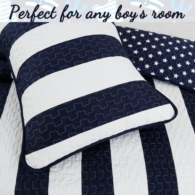 King 3 Piece Reversible Navy White Stars Stripes 100-Percent Cotton Quilt Set by HomePacific