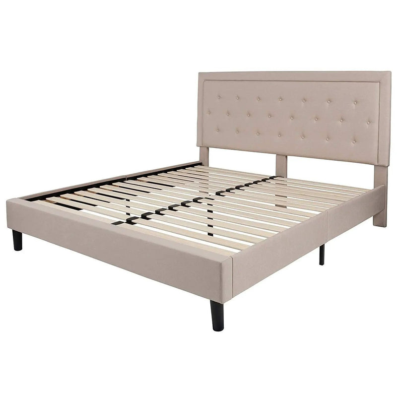 King Beige Upholstered Platform Bed Frame with Button Tufted Headboard by HomePacific