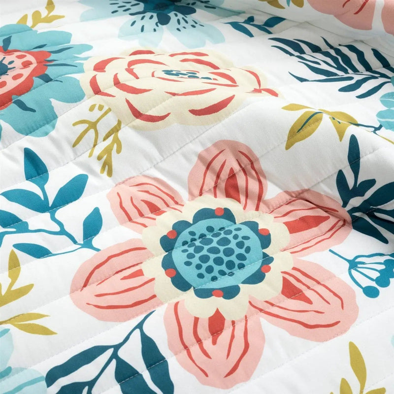 King size Lightweight Floral Teal Blue Pink White 3-Piece Polyester Quilt Set by HomePacific