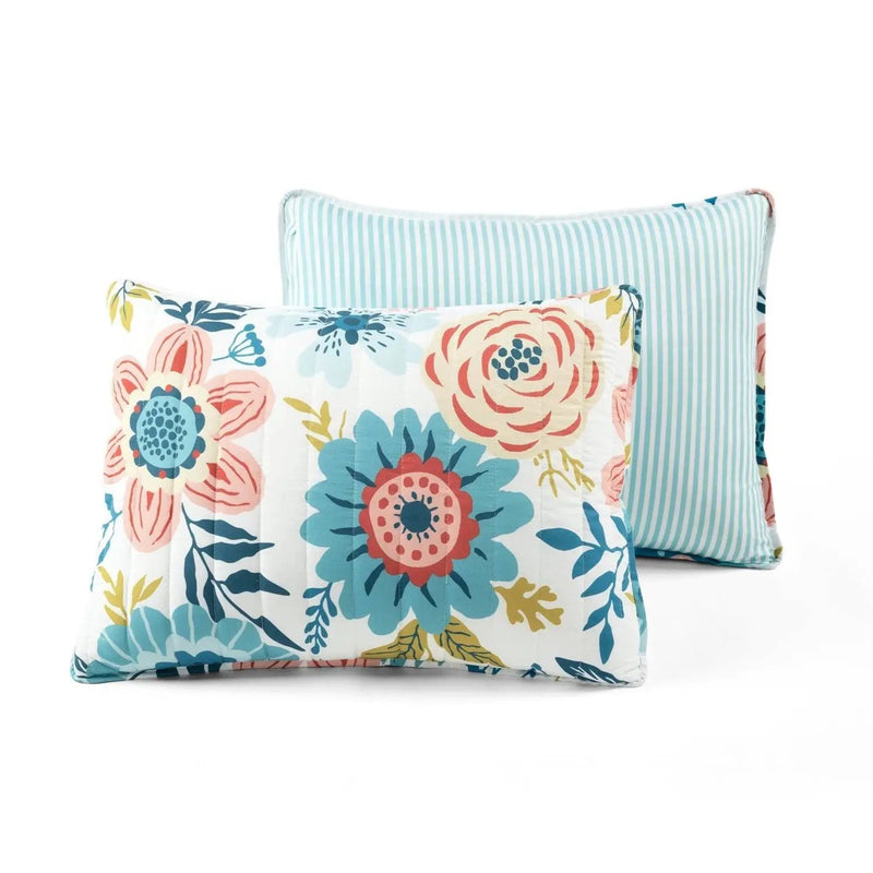 King size Lightweight Floral Teal Blue Pink White 3-Piece Polyester Quilt Set by HomePacific
