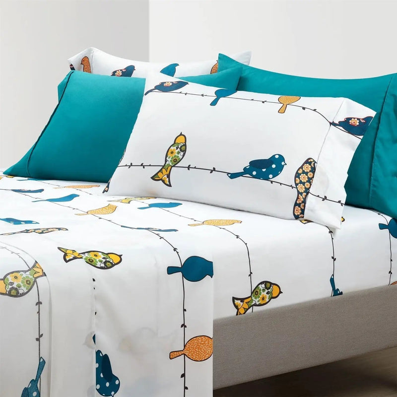 King Teal Yellow White Floral Birds on Wire Soft Polyester 6 Piece Sheet Set by HomePacific