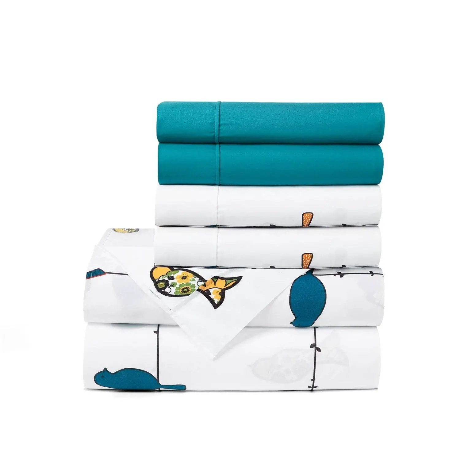 King Teal Yellow White Floral Birds on Wire Soft Polyester 6 Piece Sheet Set by HomePacific