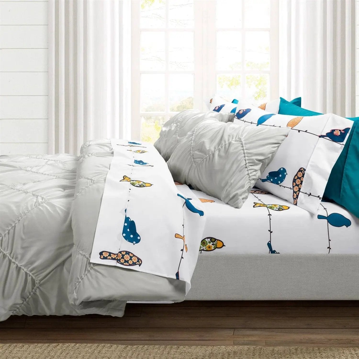 King Teal Yellow White Floral Birds on Wire Soft Polyester 6 Piece Sheet Set by HomePacific