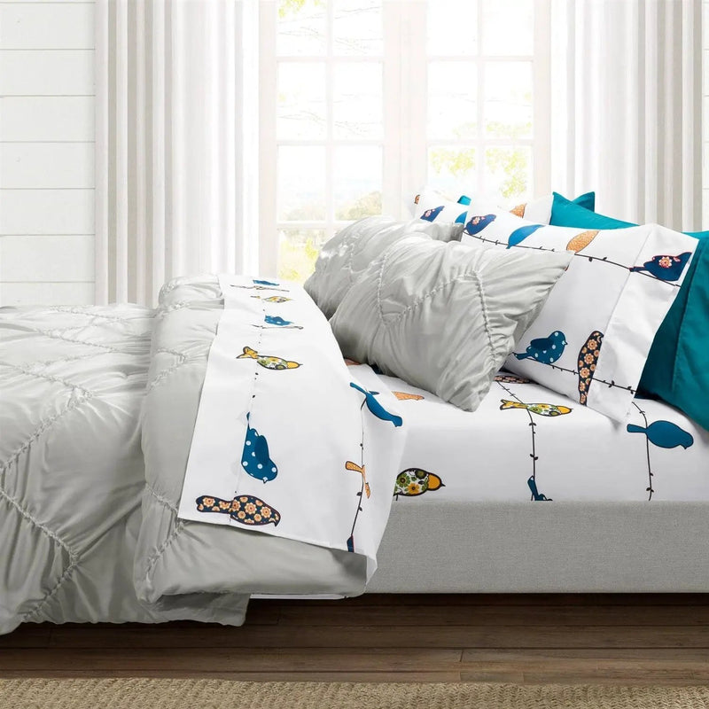 King Teal Yellow White Floral Birds on Wire Soft Polyester 6 Piece Sheet Set by HomePacific