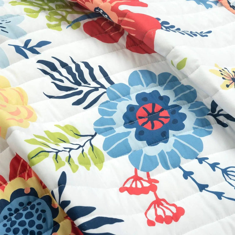King size Lightweight Floral Navy Blue Coral White 3-Piece Polyester Quilt Set by HomePacific