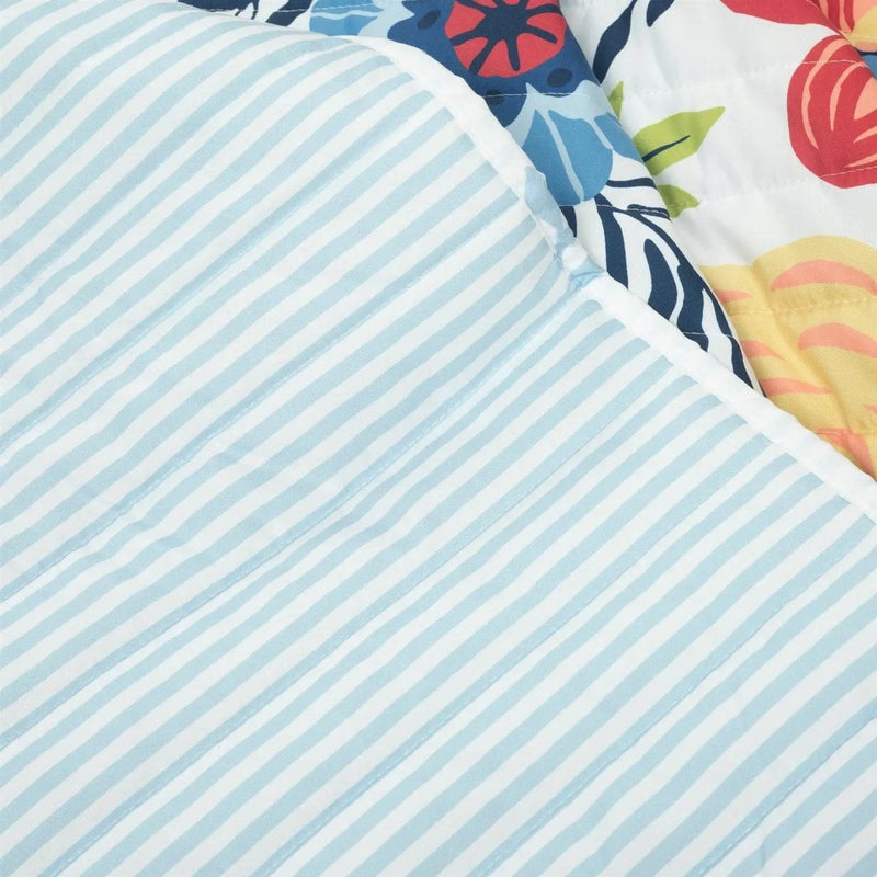 King size Lightweight Floral Navy Blue Coral White 3-Piece Polyester Quilt Set by HomePacific