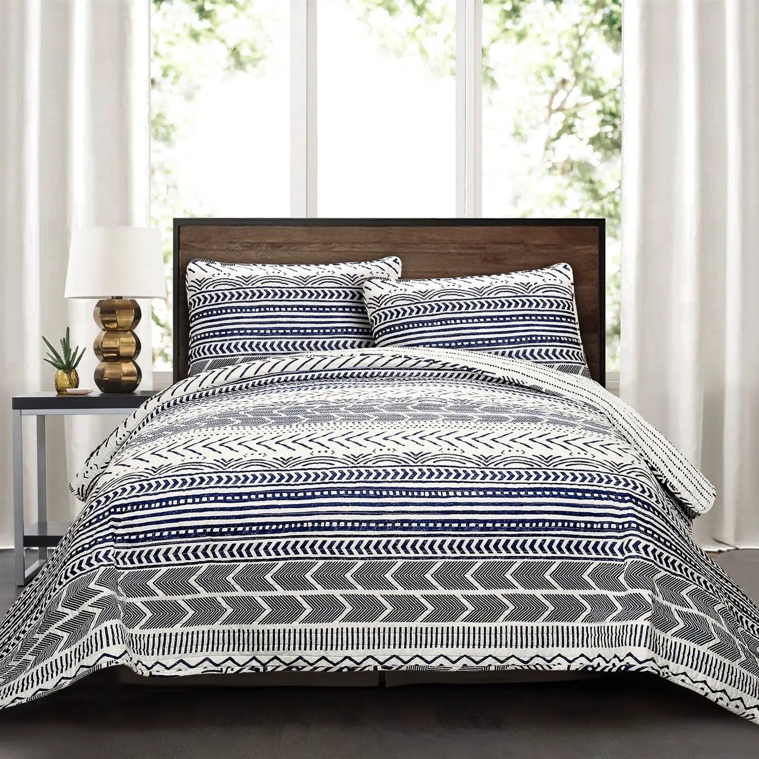 3 Piece Scandinavian Blue White Reversible Cotton Set in King by HomePacific