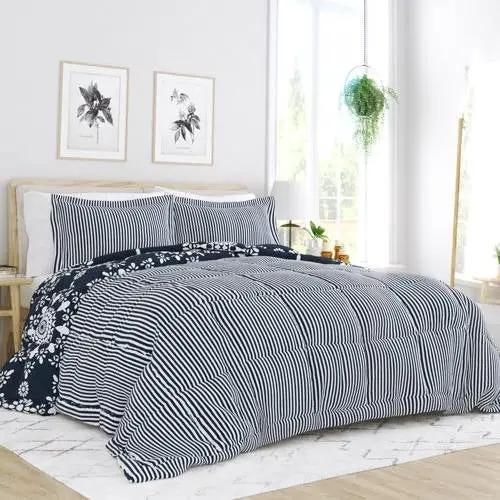 King size 3-Piece Navy Blue White Reversible Floral Striped Comforter Set by HomePacific