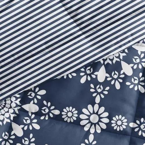 King size 3-Piece Navy Blue White Reversible Floral Striped Comforter Set by HomePacific