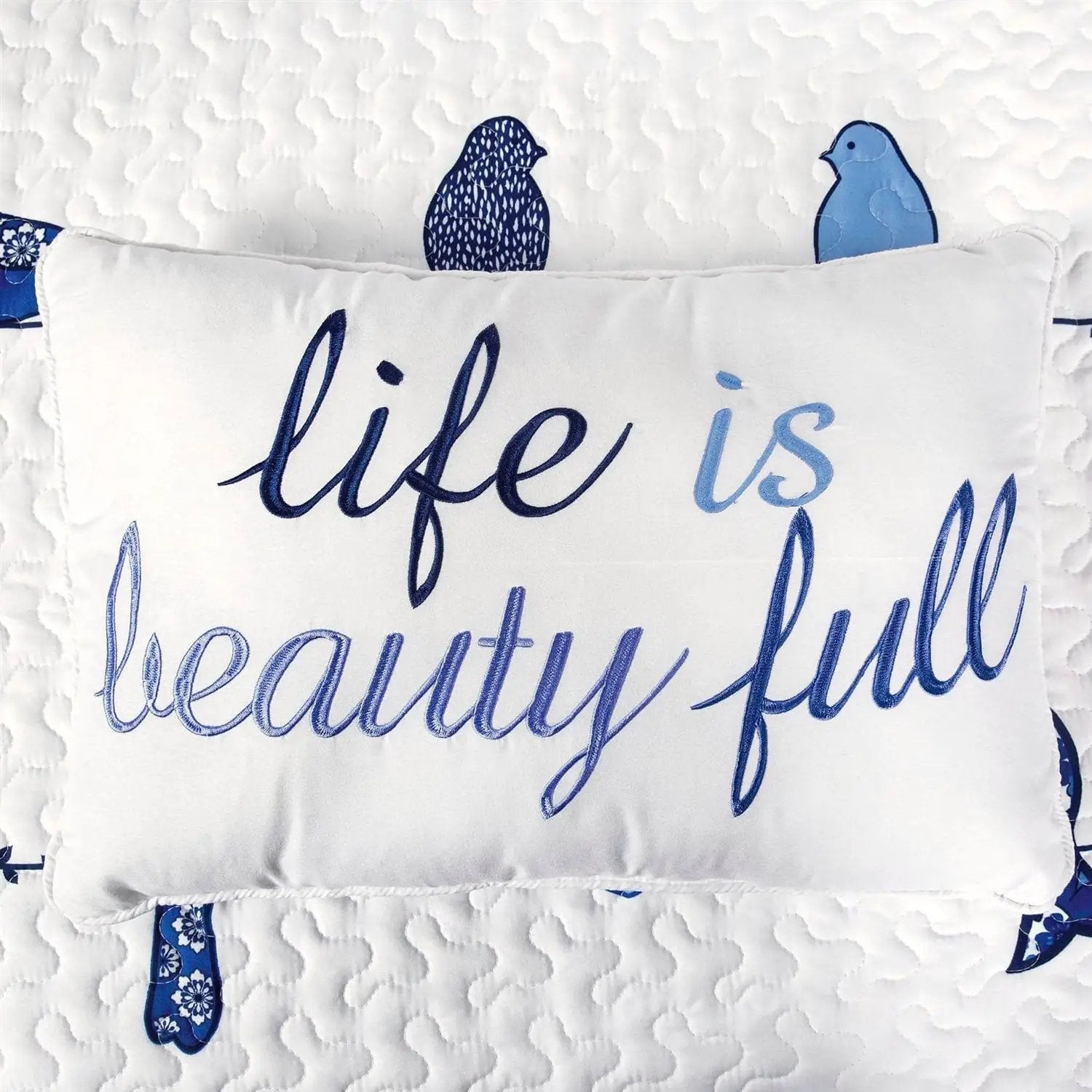 King size Blue White Navy Floral Birds On Wire Lightweight 7 Piece Quilt Set by HomePacific