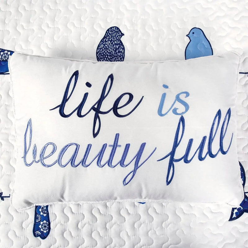King size Blue White Navy Floral Birds On Wire Lightweight 7 Piece Quilt Set by HomePacific