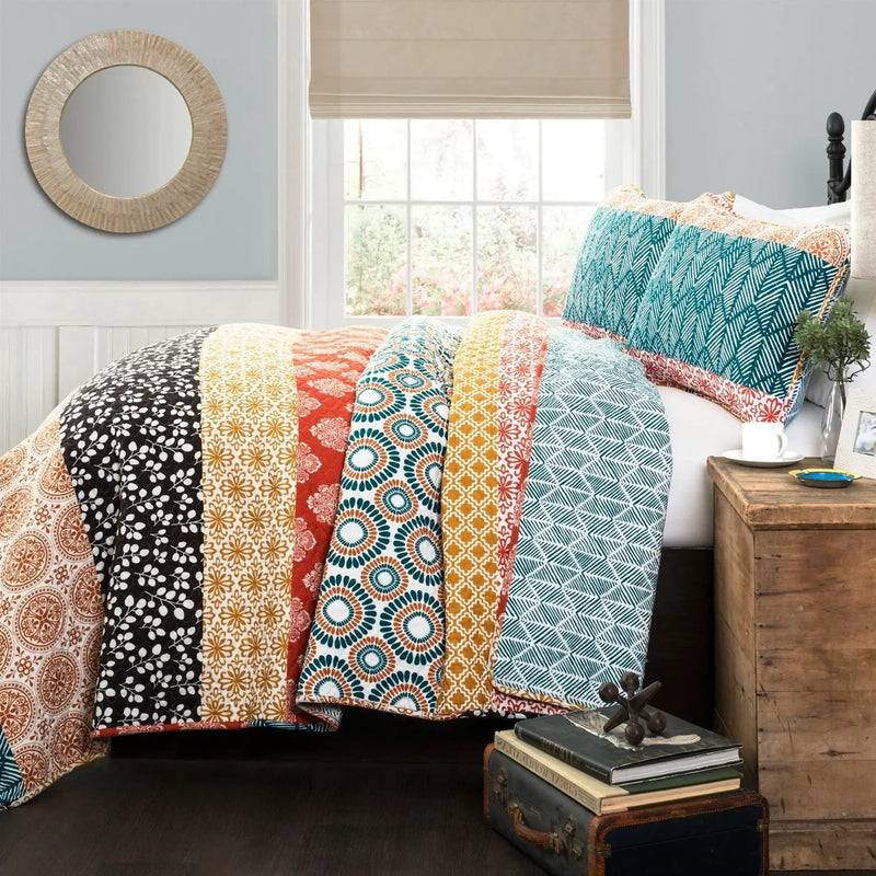 King size Cotton 3 Piece Reversible Teal Orange Bohemian Stripe Quilt Set by HomePacific