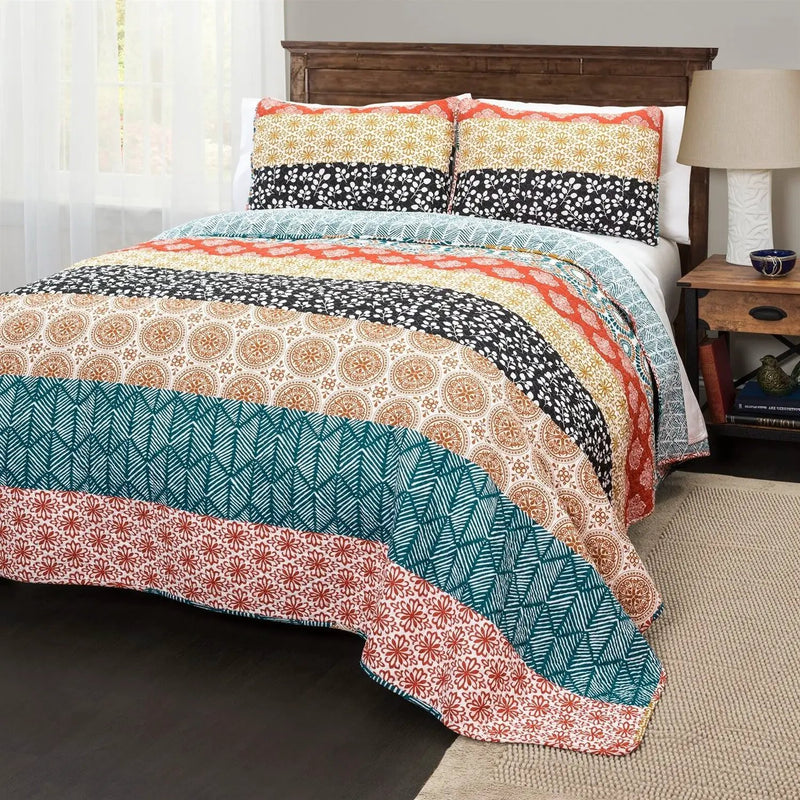 King size Cotton 3 Piece Reversible Teal Orange Bohemian Stripe Quilt Set by HomePacific