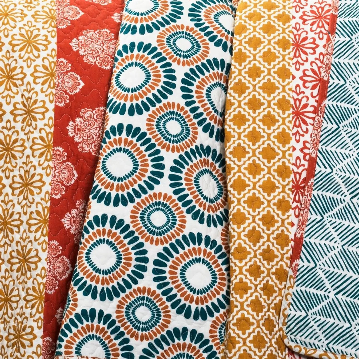 King size Cotton 3 Piece Reversible Teal Orange Bohemian Stripe Quilt Set by HomePacific