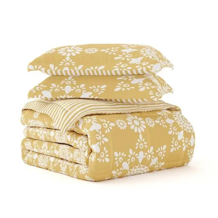 King Size 3 Piece Yellow Reversible Daisy Medallion Stripped Comforter Set by HomePacific