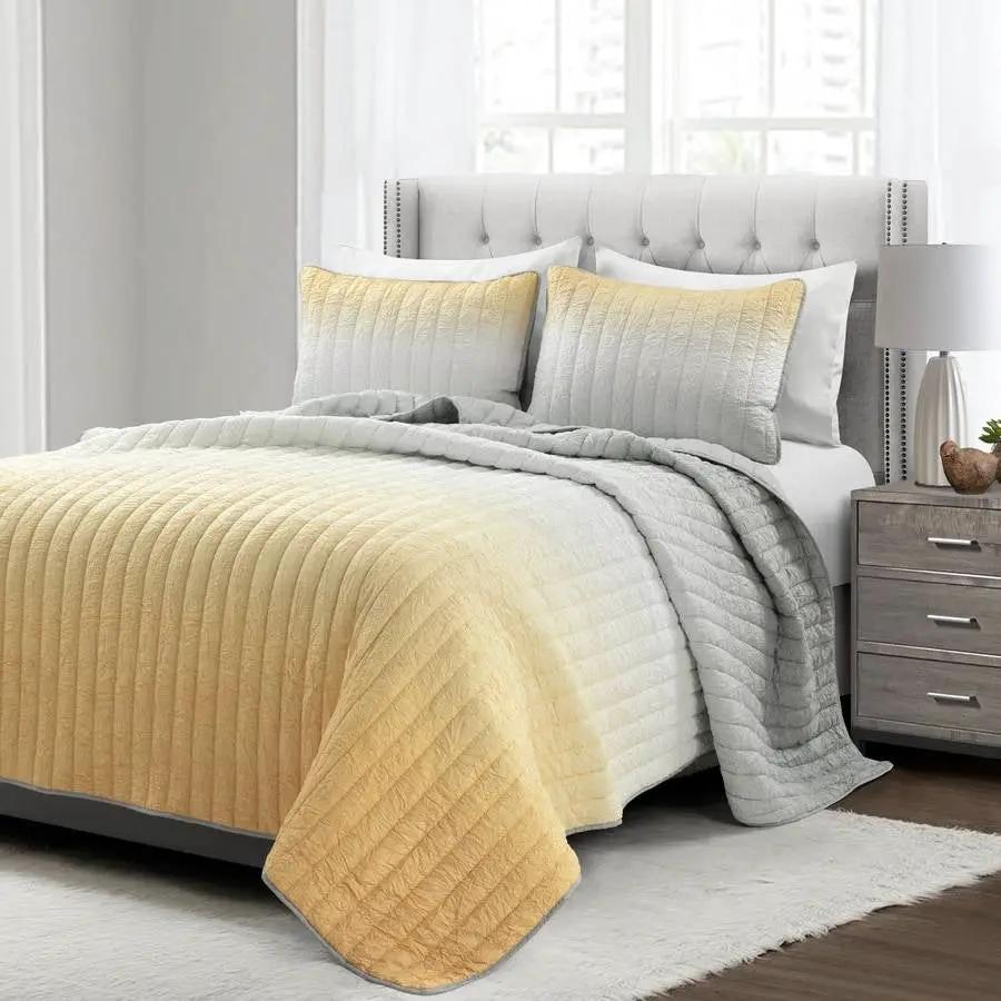 King size Yellow Orange Grey Lightweight Crinkle Fabric 3 Piece Quilt Set by HomePacific