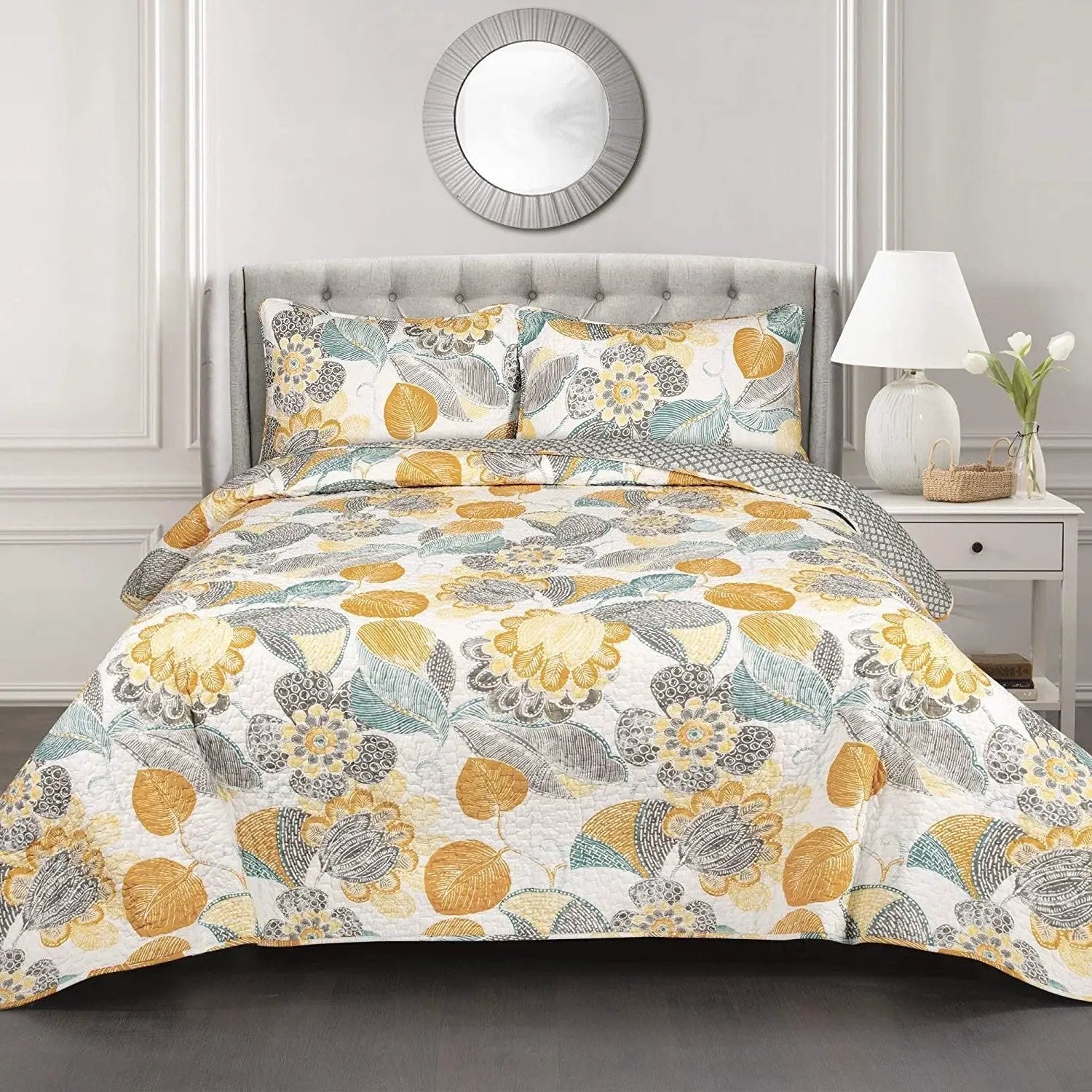 3 Piece Reversible Yellow Grey Floral Cotton Quilt Set in King Size by HomePacific