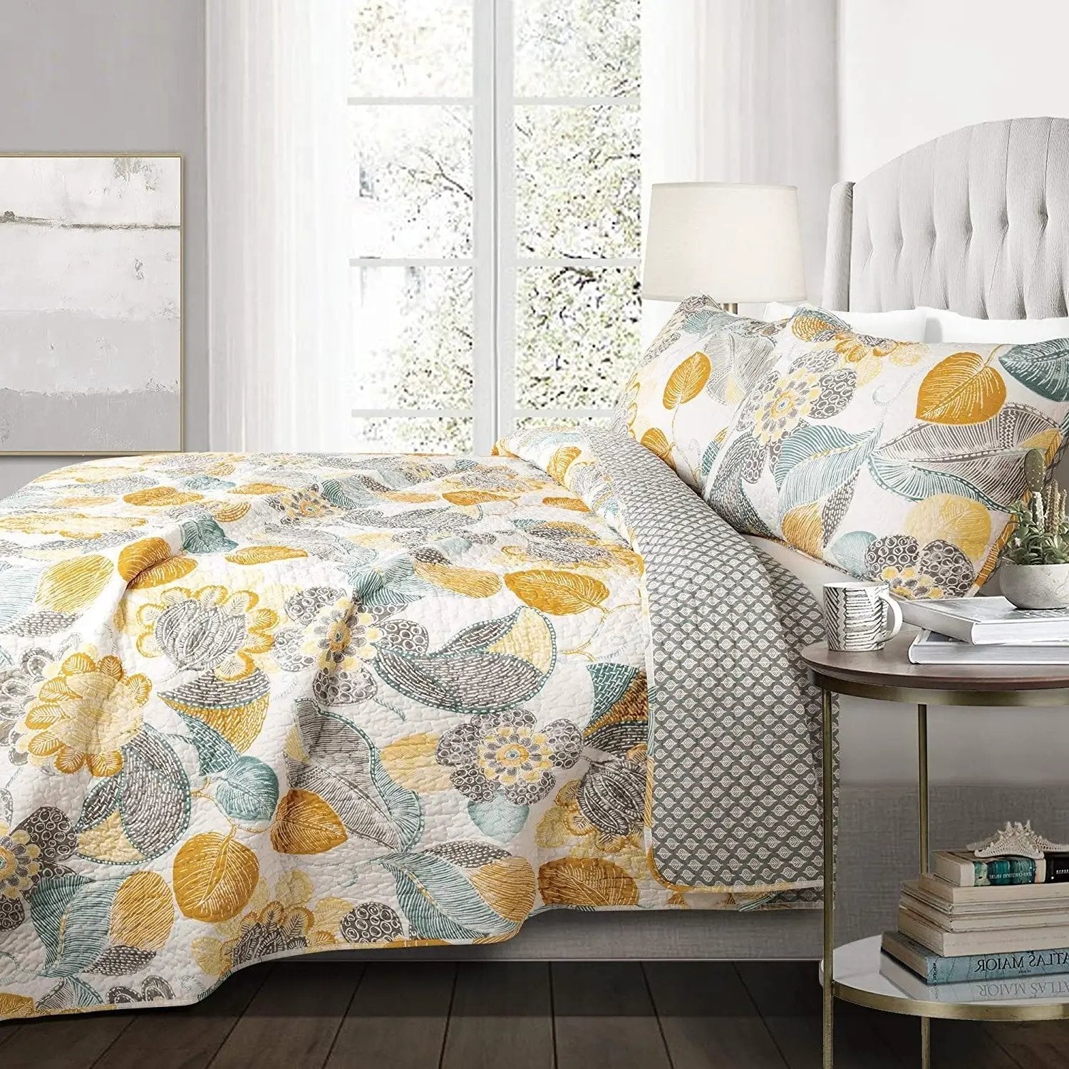 3 Piece Reversible Yellow Grey Floral Cotton Quilt Set in King Size by HomePacific