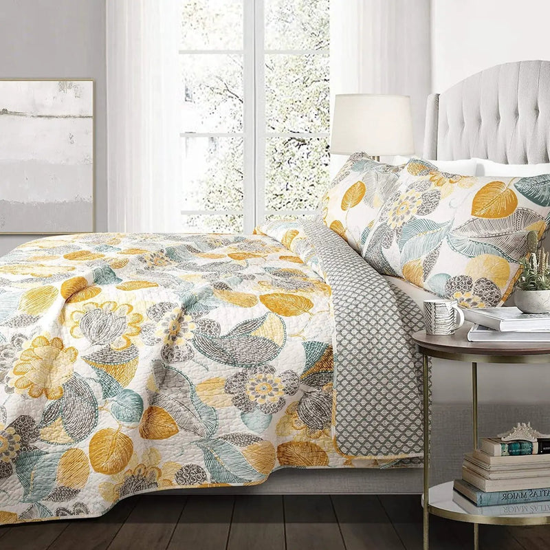 3 Piece Reversible Yellow Grey Floral Cotton Quilt Set in King Size by HomePacific
