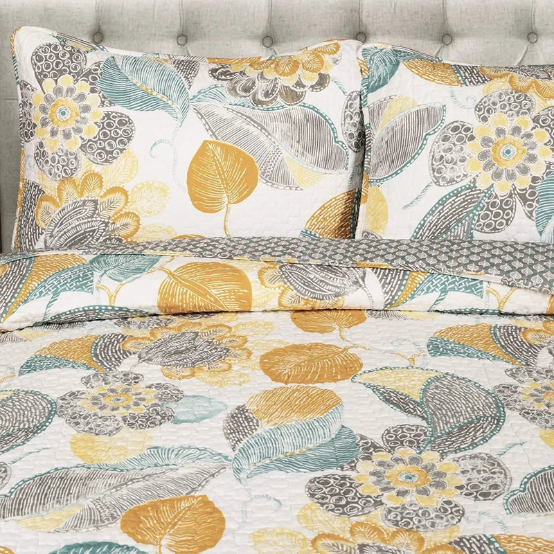3 Piece Reversible Yellow Grey Floral Cotton Quilt Set in King Size by HomePacific