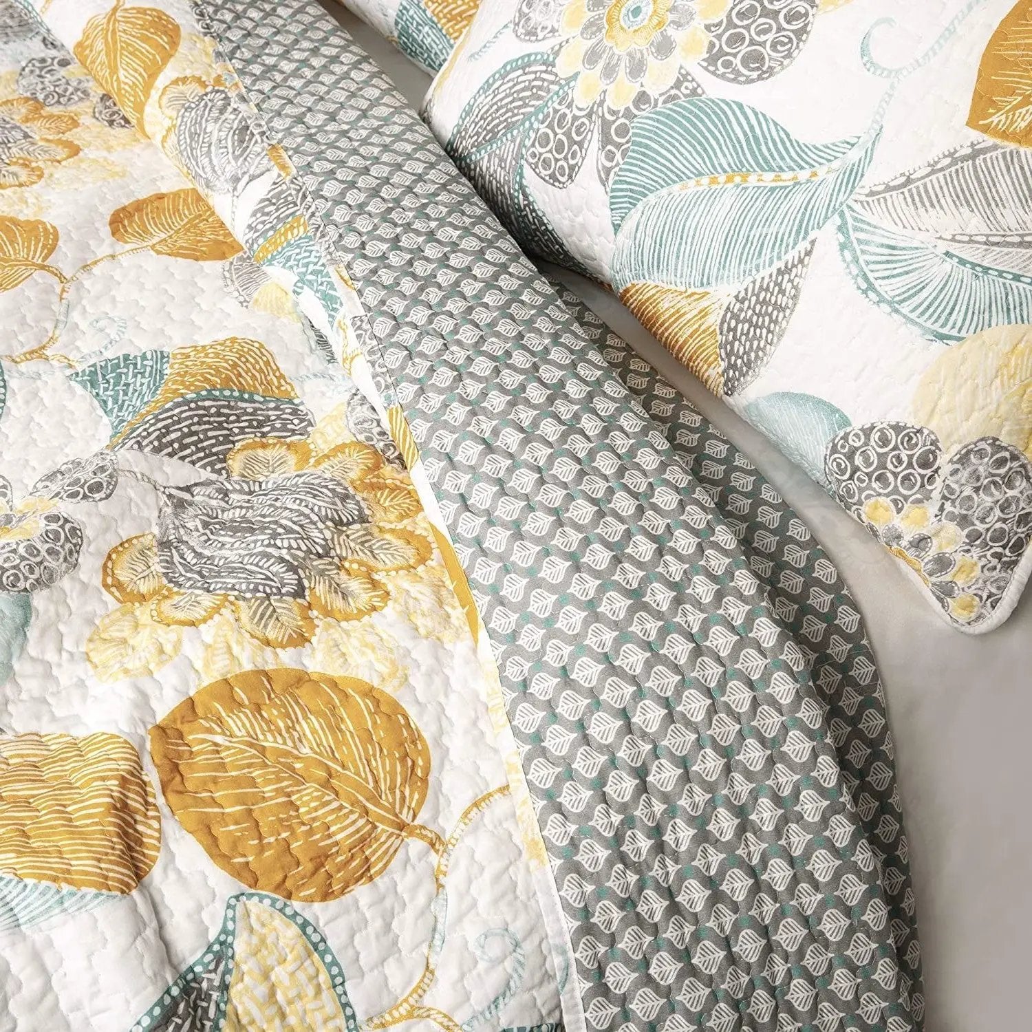 3 Piece Reversible Yellow Grey Floral Cotton Quilt Set in King Size by HomePacific