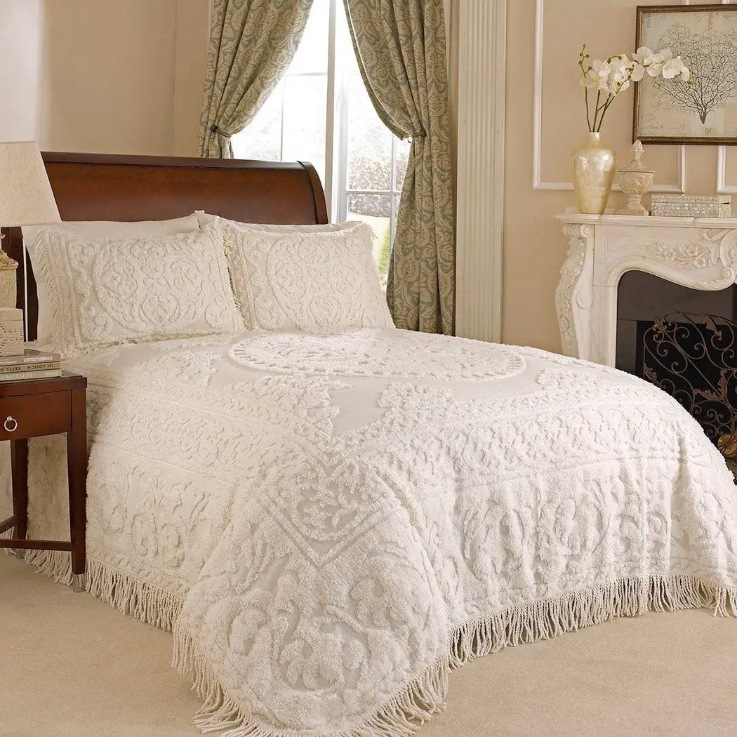 King size 100% Cotton Chenille Bedspread in White Ivory Light Beige Ecru with Fringe Sides by HomePacific