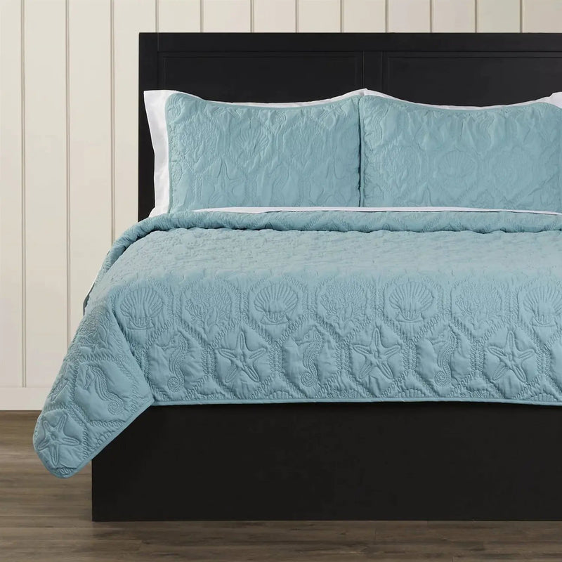 King Coastal Beach Starfish Seashell Seahorse Aqua Blue Teal 3-Piece Quilt Set by HomePacific