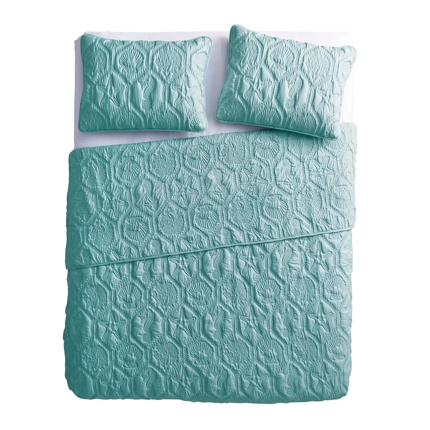 King Coastal Beach Starfish Seashell Seahorse Aqua Blue Teal 3-Piece Quilt Set by HomePacific