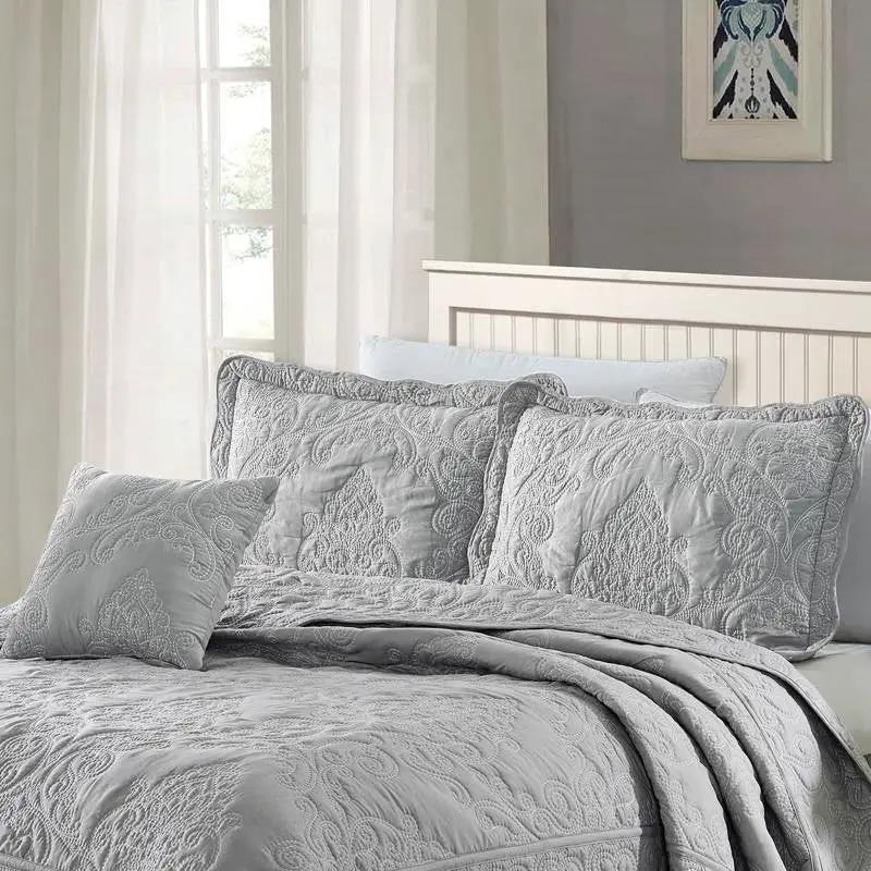 King size Ash Grey Damask Embroidered 4 Piece Oversized Bedspread Set by HomePacific